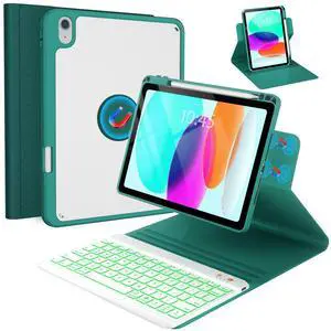 Keyboard Case For iPad 10th Generation 2022 10.9 inch,360° Rotatable Magnetic Keyboard Case with Pencil Holder Groove Design, 7 Color Backlit Detachable Keyboard, Smart Folio Tablet Cover (Teal)