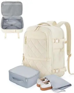 BAGSMART Travel Backpack for Women Men, 30L Carry on Backpack for Airplanes, 17 Inches Backpack for Women, with Shoe Bag & Storage Bag, Backpack Suitcase for Travel, Beige