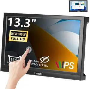 Lrtzcbi Touchscreen Portable Monitor 13.3 Inch, FHD 1920x1080P IPS Built-in Privacy Screen/Speakers with HDMI and VGA, Portable Monitor for Laptop/Raspberry Pi/PC/Xbox/PS3/4