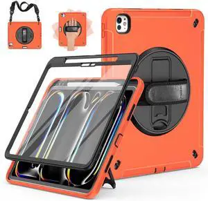 Miesherk Case for iPad Pro 13 Inch, Military Grade Heavy Duty Shockproof iPad 13 M4 Case (2024, 7th Generation) - Screen Protector, Rotating Stand, Pencil Holder, Hand/Shoulder Strap, Orange