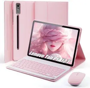 TUNKARMOR Keyboard Case for Lenovo Tab P12 12.7 Inch 2023/2024 - Mouse and Detachable Keyboard PU Leather Cover Case Auto Sleep/Wake - Pink