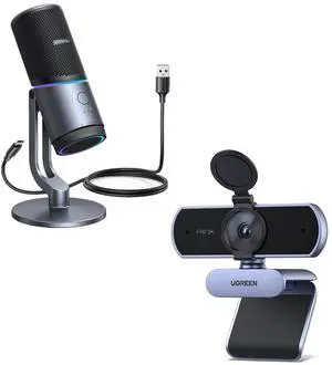 UGREEN 2K Webcam, Full HD 1080P Webcam for PC, Web Camera with Autofocus, Privacy Cover, Dual Noise Cancelling Mics Bundle with Microphone for PC, USB Mic with RGB Lights, Mute Button, 24bit/96kHz