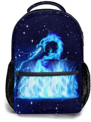 Kawani Blue Fire Dragon College Bookbags Fire Dragon Head in Blue Lightning School Backpack for Girls Women, Teens School Bags Bookbags Ladies Laptop Backpacks Travel Hiking Camping Gym Daypack