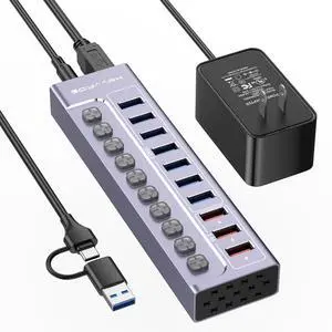 Powered USB 3.0 Hub, 10-Port USB Hub Splitter with Individual Switches and Indicators, 7 USB 3.0 Data Transfer Ports, 3 2.4A Smart Charging Ports + 12V3A UL Listed Power Adapter