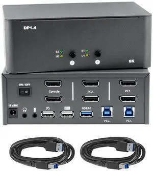 KVM Switch 2 Monitors 2 Computers, 8k Displayport Switch with USB 3.0 Cable, Jack, 2 Computers Share a Set of Keyboard, Mouse, Support Windows/Mac/Linux (Dual Monitor)