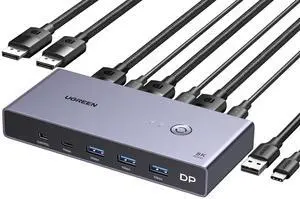 UGREEN 8K Displayport KVM Switch 2 in 1 Out DP1.4 with 4 USB 3.0 Ports(3 USB-A + 1 USB-C) Support 8K@60Hz 4K@240Hz Share 1 Monitor Keyboard Mouse U-Disk Printer, with 2 DP Cables, 2 USB A to C Cables