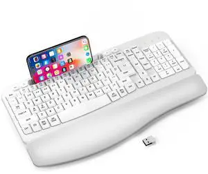 Ergonomic Wireless Keyboard with Cushioned Wrist Rest, Wave Keys, Phone Holder, Comfortable Natural Typing, 2.4GHz Full Size Silent Cordless USB Computer Keyboard for Laptop, Mac, Windows (White)