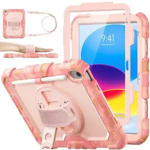 SEYMAC stock Case for iPad (A16) 11th/10th Generation 11''/10.9'' 2025/2022, Full-Body Drop Protection Case with Screen Protector &360° Rotate Hand Strap/Stand, Camo Pink