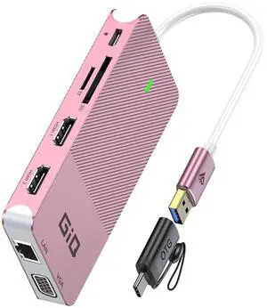 USB Docking Station GIQ USB C HUB USB 3.0 to Dual HDMI VGA Adapter Triple Display USB C Laptop Docking Station Dual Monitor HDMI Splitter Extender Compatible with MacBook M1 M2 USB Dock-Rose Gold