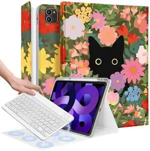Uppuppy for iPad Air 11 inch Case 2024 - Air 5th/4th Generation 10.9, Pro 11 Case with Keyboard Pencil Holder Tablet Cover Folio Women Girl Cute Kawaii Cat Flower for iPad Air 11 2024 (M2), Pro 11
