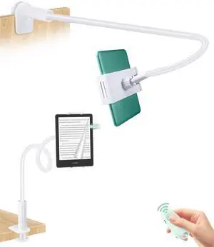 QIWAS Gooseneck Tablet Holder for Kindle Reading in Bed with Remote Page Turner, Lazy Arm Stand for Kindle Accessories Paperwhite Colorsoft Scribe, Ereader Accessory with Clicker Page Turner (Green)