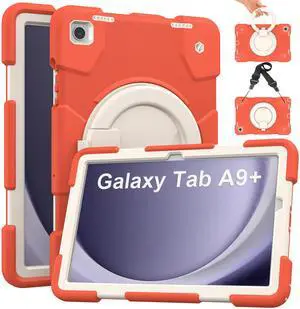 Andnary Case for Samsung Galaxy Tab A9+, Heavy Duty Shockproof Cover with Pencil Holder/360° Rotating Handheld Stand/Shoulder Strap, A9 Plus Case 11 Inch 2023 for SM-X210/X216/X218, Orange