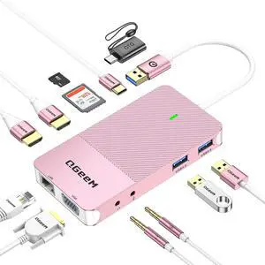 QGeeM USB 3.0 Laptop Docking Station, Triple Display USB Hub Hdmi Dual Monitor,USB Dock with 2 HDMI, VGA, USB 3.0, Card Reder Compatible for MacBook M1 M2 M3 M4 Dell HP Lenovo -Pink