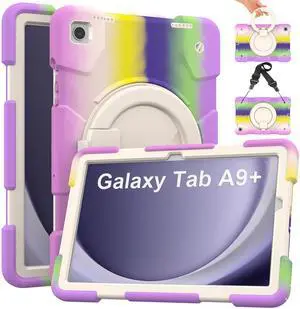 Andnary Case for Samsung Galaxy Tab A9+, Heavy Duty Shockproof Cover with Pencil Holder/360° Rotating Handheld Stand/Shoulder Strap, A9 Plus Case 11" 2023 for SM-X210/X216/X218, Colorful Purple