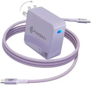 PAEBAI+ 100W USB C Charger GaN Foldable Compact Wall Fast Charger for MacBook Pro MacBook Air, Dell XPS, iPhone 16 15 Series, Samsung Galaxy, iPad Pro and All USB-C Devices, 6.6ft Type C Cable