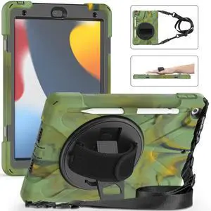 GFU Case Compatible with iPad 9th/7th/8th Generation, Case for iPad 10.2, Pencil Holder 360 Rotate Stand Hand Strap Shoulder Strap, Drop-Proof Rugged Protective Kids Case 2021/2020/2019, Camouflage