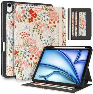 Uppuppy for iPad Air 11 inch Case M3 2025/M2 2024 - Air 5th/4th Generation Case 10.9'' Women Girls Cute Embroidered Folio Stand Cover with Pencil Holder & Card Slot Girly Floral Flowers Design Cases