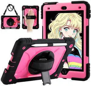 for iPad 9th/8th/7th Generation Case,iPad 10.2 Case 2021/2020/2019, with Cute Key Chain, Rugged Protective Case with 360°Rotating Stand & Shoulder Hand Strap & Pen Slot for 10.2 Inch (Black+Rose)
