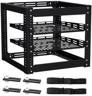 Arejonner 10U Open Frame Network Rack - 4 - Post Cold - Rolled Steel, Wall Mountable or Floor Standing, with 2 x 1U Adjustable Shelves & Mounting Hardware