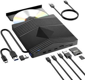 Aumdie External CD DVD Drive for Laptop, Ultra Slim CD Burner USB 3.0 with 2 USB C Ports and 2 TF/SD Card Slots, DVD Player for Laptop, Mac, PC, Windows 11/10/8.1/7 Linux OS