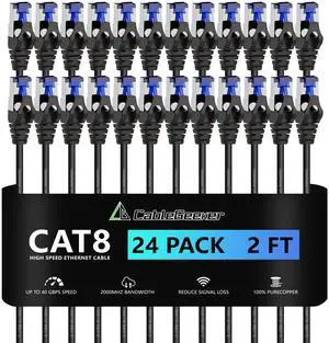 CableGeeker Patch Cables Cat8 2ft 24 Pack Slim, Cat8 Ethernet Patch Cable 40G 2000MHz Support, Snagless RJ45 Cat 8 Patch Cable for Patch Panel to Switch, Flexiable Network Cable - 2 Feet Black