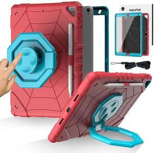 KepaiTok Case for iPad 9th/8th/7th Generation 10.2",360°Rotate Stand Cover with Screen Protector Pencil Holder, Kids Shockproof Case with Shoulder Strap for iPad 10.2 inch 2021/2020/2019(Red)