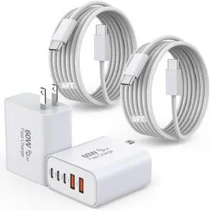 iPhone 16 Fast Charger Block, 2 Pack 60W USB Charging Block 5-Port Charge Adapter for Apple iPhone Charger with 6FT USB C Woven Fast Charging Cable for iPhone16/16e/16 Pro/15Pro Max, iPad Pro/Air/Mini