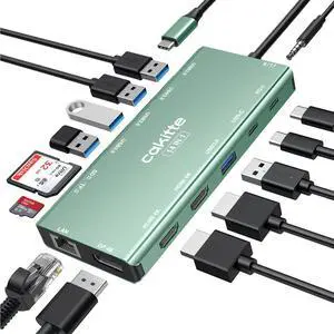 USB C Laptop Docking Station, cakitte 14 in 1 Type C Hub Multiport Adapter with 3 Monitors, Dual HDMI, DP, Ethernet, SD/TF, Mic/Audio, PD,Compatible for MacBook Dell HP Lenovo (Green)