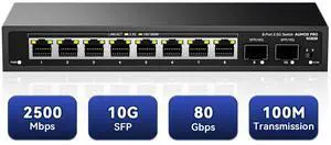 10 Port 2.5Gb Unmanaged Ethernet Switch with 8* 2.5G Base-T Ports, 2*10G SFP Ports, AUMOX PRO 80 Gbps Vlan Switching Capacity Compatible with 100/1000/2500Mbps Plug and Play