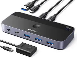 UGREEN USB Switch A & C Input for Computers - Share 4 Ports, Switcher Selector for PC, Laptop, Keyboard, Mouse, Webcam, Microphone - Adapter With 2 USB-C Data Cables and Remote