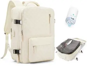 Travel Vacuum Storage Backpack with Air Pump Vacuum Seal Compression Space Saver Bags Clothing Vacpack Airback 18x14x8 inches Travel Bag Carry on Personal item Laptop Work Backpacks Women Men Beige