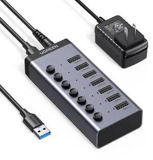 UGREEN Powered USB 3.0 Hub, 7-Port USB Adapter with 4 Smart Charging Ports, USB Splitter with Individual Led On/Off Switches and Power Adapter, USB Ports Extender for Laptop PC