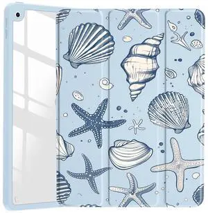 JOYLAND Sea Shells Case for iPad (A16) 11th Gen 2025 11-inch/10th Gen 2022 10.9 inch, Clear Acrylic Hard Back Ice Blue Case with Pencil Holder Trifold Stand Tablet Cover for Women