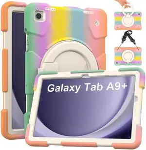 Andnary Case for Samsung Galaxy Tab A9+, Heavy Duty Shockproof Cover with Pencil Holder/360° Rotating Handheld Stand/Shoulder Strap, A9 Plus Case 11" 2023 for SM-X210/X216/X218, Colorful Pink