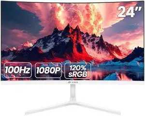 CRUA 24 Inch Curved Monitor, FHD(1920×1080P) 100HZ 120% sRGB Computer Monitors, Narrow Bezels on Three Sides, Blue Light Filter PC Monitor for Home, Office and Dormitory(HDMI, VGA)-White