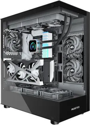 MUSETEX K2 PC Case, Computer Case 360MM RAD Support, Type-C Black ATX Case for PC, Full-View Dual Tempered Glass Mid Tower Case with 3 Non-LED Fans, Desktop Pc Gaming Case