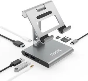 Plugable 8-in-1 USB C Hub for iPad with Stand, 100W Pass-Through Charging, USB C Docking Station for iPad, 1x HDMI, 2X USB, Audio, SD, Driverless, Compatible with Windows, iPadOS, Phones, Tablets
