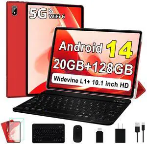 UJJ Android 14 Tablet 10 Inch Tablets, 20GB+128GB/1TB Expandable, Tablets with Octa-Core, WiFi 6, Dual Camera, BT 5.0, 6000mAh Battery, HD IPS Display, Widevine L1, Tablet with Keyboard Mouse - Red