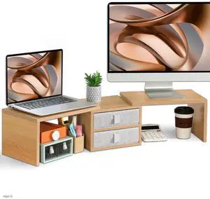 TEAMIX 42 inch Dual Monitor Stand Riser with 2 Drawers- Length and Angle Adjustable 3 shelf Riser with Storage Desk Organizer Computer Monitor Stand for 2 Monitors/Laptop/PC,Screen/TV Stand Riser
