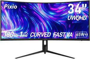 Pixio PXC348C Neo 34 inch 180Hz Refresh Rate UWQHD 1440p Ultrawide Resolution 1000R Curve Fast VA Panel 1ms Response Time USB-C Displayport 65W Charging AMD FreeSync Premium HDR Curved Gaming Monitor