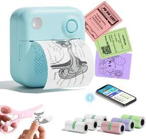 LAIBEAR Sticker Printer with 7 Rolls Paper, Portable Mini Sticker Maker Bluetooth Thermal Printer for Photos, DIY,Crafts,Journal,Study,Work, Compatible Phone&Tablet (Blue)