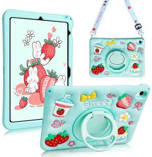 for iPad 10th Generation Case 10.9 inch 2022 for iPad A16 11th Generation Case 2025 with Screen Protector Shoulder Strap 3D Cartoon Cases with 360 Degree Rotating Stand Shockproof Protective Cover