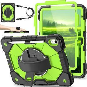Nitupai Case for iPad 10th Generation 10.9 Inch 2022 / iPad A16 Case 11 Inch 2025 with Screen Protector 10th Gen Cover for Kids Pencil Holder 360° Rotating Stand Shoulder Strap, Black Green