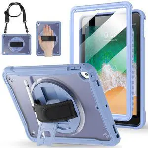 BRAECNstock Case for iPad 6th/5th Generation 9.7 inch 2018/2017,ipad Air 2nd Gen & Pro 9.7 inch Cover for Kids with Pencil Holder,Screen Protector,360°Rotating Hand Strap&Kickstand-Lavender Grey
