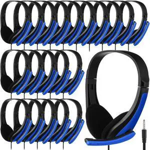 Yunsailing 20 Pack Bulk Classroom Headphones with Microphone Students Kids Wired School Class Set Headphones for School Library Computer Office Adults 3.5 Jack Universal Plug(Dark Blue)