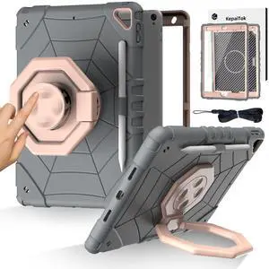 KepaiTok Case for iPad 9th/8th/7th Generation 10.2",360°Rotate Stand Cover with Screen Protector Pencil Holder, Kids Shockproof Case with Shoulder Strap for iPad 10.2 inch 2021/2020/2019 (Grey)