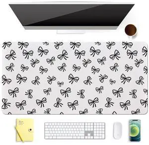 BlHMCASE Cute Black Bow White Extended Gaming Keyboard Mouse Pad, Non-Slip Leather Home Office Desk Mat Protector, Laptop Desk Pad Writing Pad