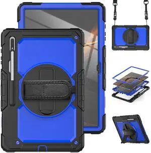 Dteck Galaxy Tab S8 Ultra Case with S Pen Holder, Heavy Duty Shockproof Protective Cover Buit-in Screen Protector 360° Swivel Handle Stand Shoulder Strap for Samsung Galaxy Tab S8 Ultra 14.6",Blue