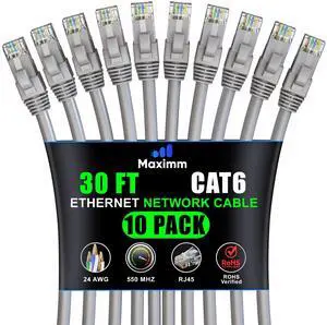 Maximm Cat 6 Ethernet Cable 30 ft (10-Pack) - High-Speed LAN Cable, Internet Cable, Patch Cable, and Network Cable - UTP, 10Gbps, 550MHz Ethernet Cord - Gray