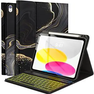FUWANG for iPad A16 11th 10th Generation Case with Keyboard, Detachable 7 Colors Backlit Wireless Marble Keyboard Case with Pencil Holder for iPad A16 11th 11-inch 2025 &10th Gen 10.9 Inch 2022, Black